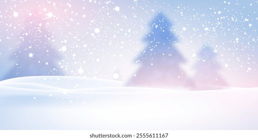 Vector illustration of a serene winter landscape featuring snowy hills, softly blurred trees, and falling snowflakes.