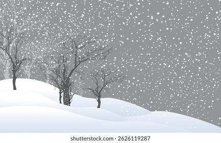 Vector illustration of a serene winter landscape with snow-covered hills, leafless trees, and gentle snowfall under a gray sky. Ideal for seasonal themes and peaceful backgrounds.