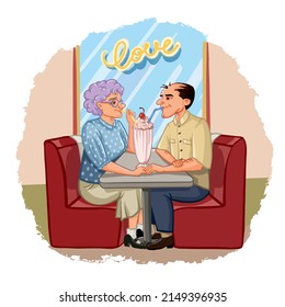 Vector illustration from the series "Be young" with the image of elderly people sitting in a roadside cafe and drinking a milkshake from tubes