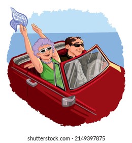 Ilustración vectorial de la serie "Sé joven" con la imagen de una pareja mayor en un descapotable, caminando a toda velocidad con una brisa a lo largo de la costa