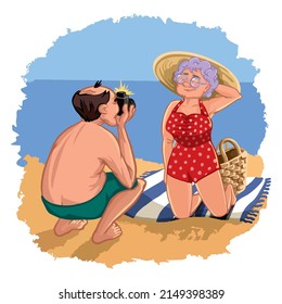 Ilustración vectorial de la serie "Sé joven" con la imagen de una pareja de ancianos a orillas del mar. Un hombre fotografía a una amante posadora con un traje de baño rojo retro polka y sombrero