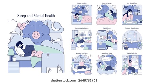 Série de ilustração vetorial explorando a conexão entre sono e saúde mental, destacando hábitos como desintoxicação digital, rotinas calmantes e reconhecendo padrões de sono para um melhor bem-estar.