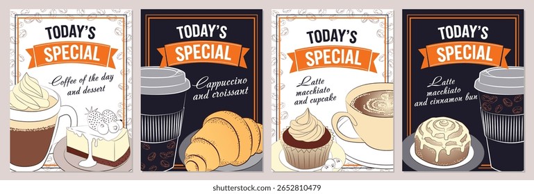 Vector illustration series featuring today s cafe specials. Each image showcases different coffee choices paired with delightful pastries like croissants, cheesecake, cupcakes, and cinnamon buns.