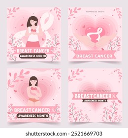 Vector illustration series highlighting breast cancer awareness month, featuring heart and ribbon motifs with supportive messages and floral accents.