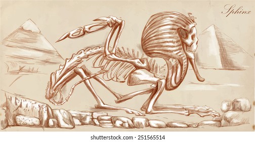 Vector illustration. Series of legendary animals and monsters (skeleton): SPHINX. Drawing comprise at least three layers of lines, the colored background is isolated. Editable in layers and groups.