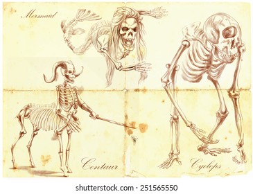 Vector illustration. Series of legendary animals and monsters (skeletons): MERMAID, CYCLOPS, CENTAUR. Vector illustrations are easy editable in layers and groups.