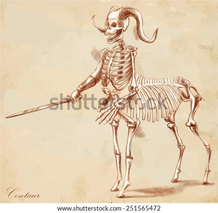 Vector illustration. Series of legendary animals and monsters (skeleton): CENTAUR. Drawing comprise at least three layers of lines, the colored background is isolated. Editable in layers and groups.