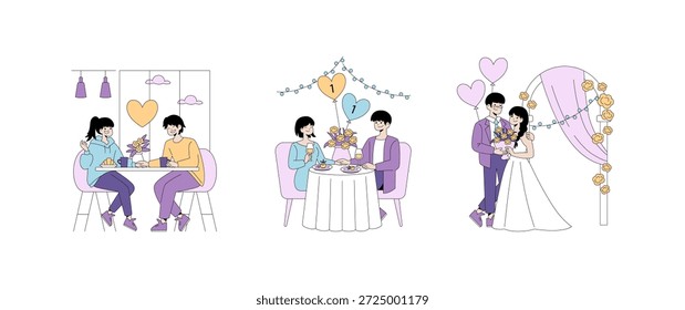 Série de ilustração vetorial mostrando a jornada romântica de um casal de jantar casual a um casamento maravilhosamente decorado. Cada cena captura o amor em vários momentos sinceros, enfatizando a conexão.