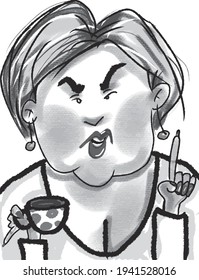 vector illustration of serious angry woman with finger and cup of tea