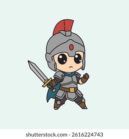 Vector illustration Serious chibi warrior in gray armor with red plume, holding a sword and ready for action