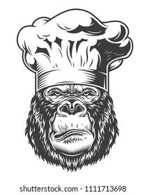 Vector illustration, serious gorilla head in chef hat on a white background