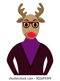 Vector illustration. Serious hipster deer. Isolated on white background.