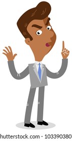 Vector illustration of a serious looking asian cartoon businessman with warning gesture isolated on white background