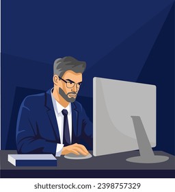 Vector Illustration. Serious man in a business suit working at a laptop. 