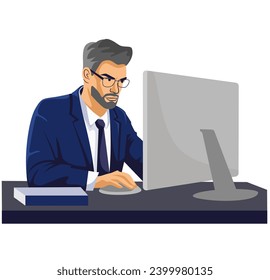 Vector Illustration. Serious man in a business suit working at a laptop. 