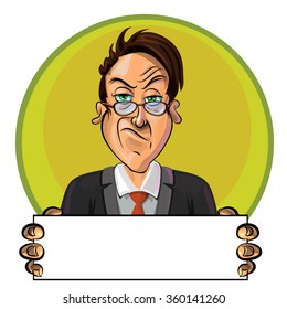 Vector illustration of serious office worker or businessman holding blank poster in his hands. Can be used as an advertisement.  Made in comic cartoon style.
