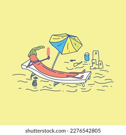 Vector illustration serious red chili character the beach enjoying the sun  eating an ice cream    drinking pina colada  Cartoon red chili the beach 