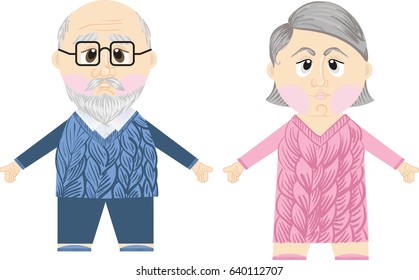 Vector illustration of serious senior man wearing glasses and senior woman standing. Concepts and themes of grandparents, retirement, pension, health, people, aging process