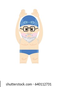 Vector illustration of serious senior man wearing swimwear for swimming pool. Concepts and themes of grandfather, retirement, sport, swimming pool, health, active seniors