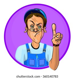Vector illustration of serious workman holding his index finger up Ã¢?? the gesture of attention.  Made in comic cartoon style.