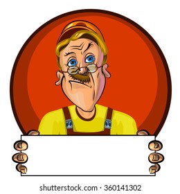 Vector illustration of serious workman holding blank poster in his hands. Can be used an advertisement. Made in comic cartoon style.
