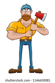 Vector illustration of a serous looking lumberjack character holding an axe