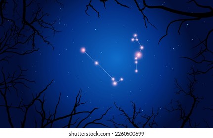 Vector illustration Serpens constellation. Tree branches, dark blue starry sky