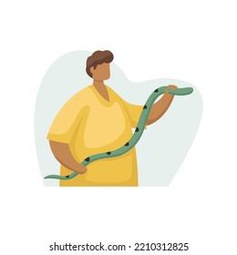 Vector illustration of a serpentologist with a snake in his hands. Profession. Flat style
