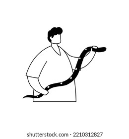 Ilustración vectorial de un serpentólogo con una serpiente en las manos. Profesión. Esquema