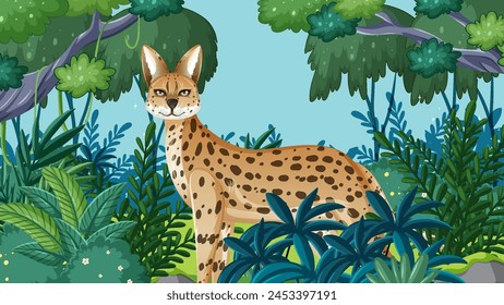 Vector illustration of a serval in a dense forest