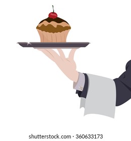 Vector illustration servant or waiter holding tray with cupcake