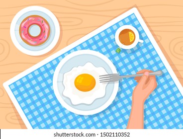 Vector illustration of served breakfast. Fried egg, tea and donut on table with blue napkin.