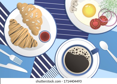 Vector illustration of a served table with food. A cup of black coffee, a plate with two croissant (chocolate and almond) and jam, a plate with fried egg. Top view.