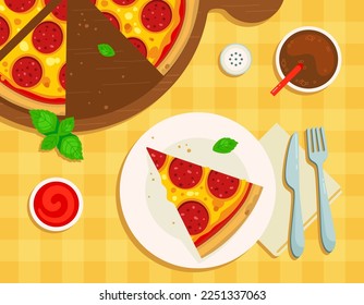 Vector illustration of a served table in a pizzeria. Top view. Sliced piece of pizza on a plate, Pepperoni pizza on a wooden board, drink, sauce, pepper, napkin, knife, fork. Isolated objects.