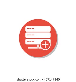 Vector illustration of server add sign icon on red circle background.