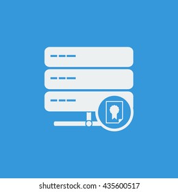 Vector illustration of server certificate sign icon on blue background.