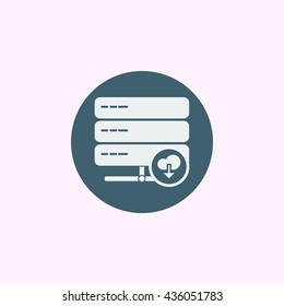 Vector illustration of server download sign icon on blue circle background.