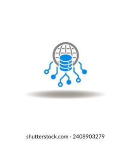 Vector illustration of server with globe and circuit network. Icon of SAAS Software As A Service. Symbol of web database.