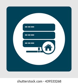 Vector illustration of server home sign icon on blue background.