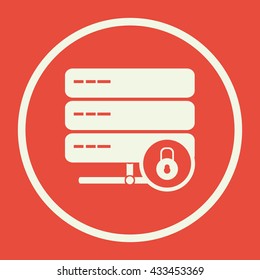 Vector illustration of server lock close sign icon on red background.