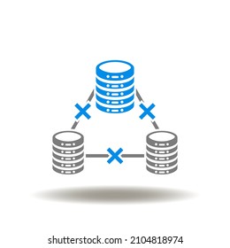 Vector illustration of server network with cross connection. Icon of decentralized networking computing database system. Symbol of information silo.