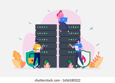 Vector Illustration, Server Security Concept, Showing the server is being maintained by a network administrator, Suitable for landing page, UI, web, App intro card, editorial, flyer,and banner