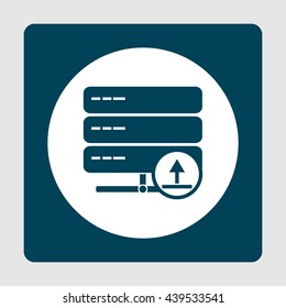 Vector illustration of server upload sign icon on blue background.