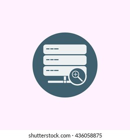 Vector illustration of server zoom in sign icon on blue circle background.