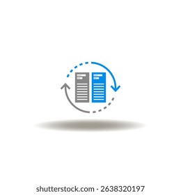 Vector illustration of servers and round arrows process. Symbol of data migration. Icon of web database archive service.