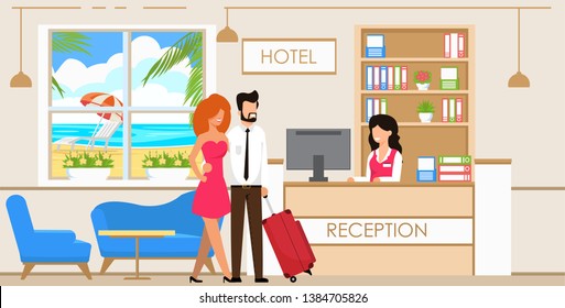 Vector Illustration Service at Hotel Reception. Man and Woman with Suitcase are Checked Front Desk Hotel. Woman Works in Reservation Service and Accommodation in Hotel. Cartoon Flat.