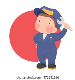 Vector Illustration of Service Mechanic Man with Wrench in Blue Work Wear on Red Circle Background, Cartoon Character
