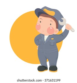 Vector Illustration of Service Mechanic Man with Wrench in Gray Work Wear on Yellow Circle Background, Cartoon Character