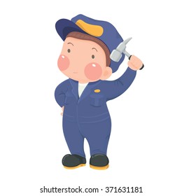 Vector Illustration of Service Mechanic Worker in Blue Work wear holding Hammer Cartoon Character on White Background