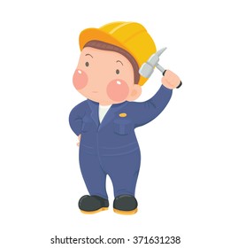 Vector Illustration of Service Mechanic Worker in Blue Work wear and Helmet holding Hammer Cartoon Character on White Background
